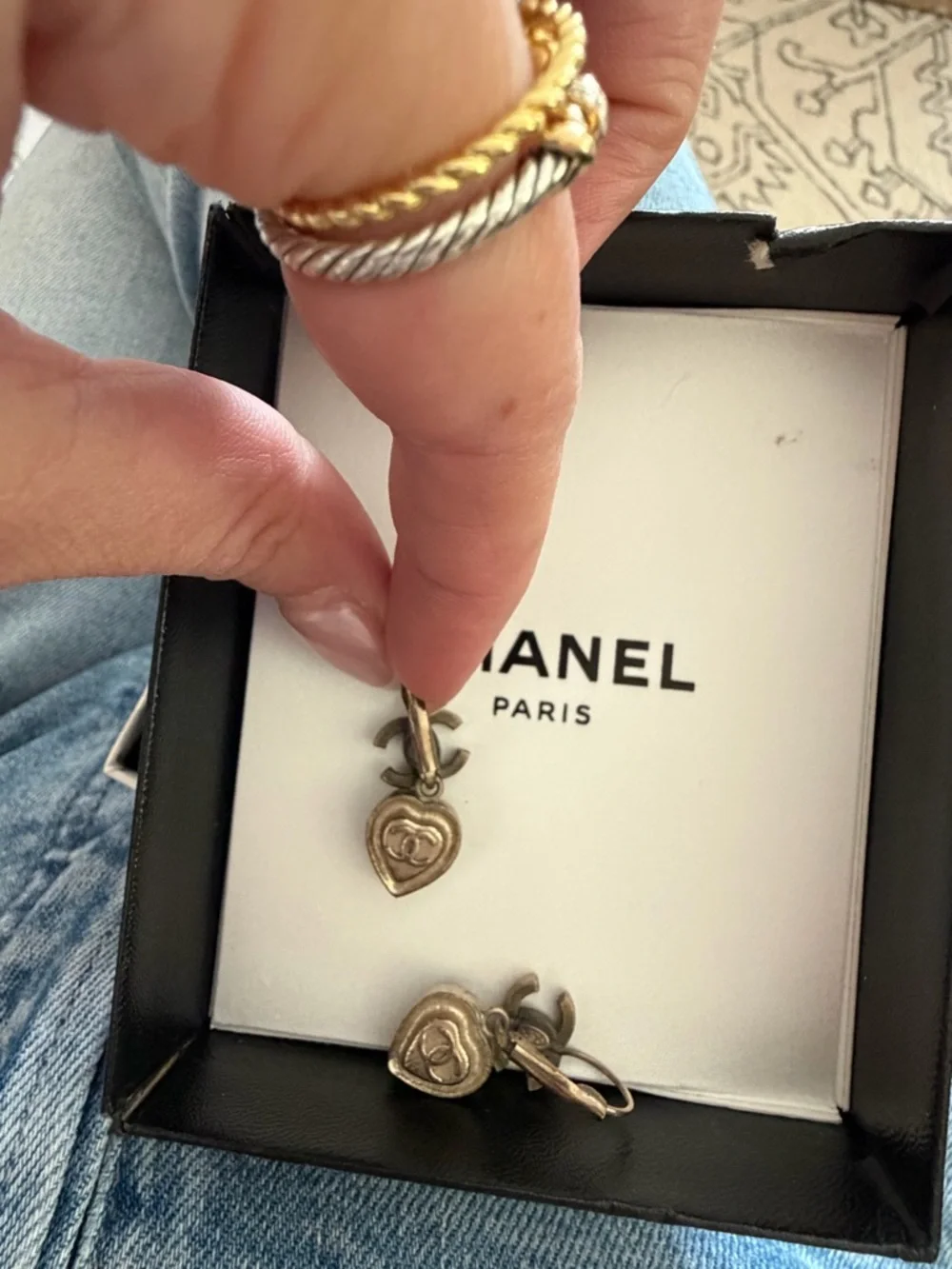 CHANEL Gold-Tone CC Drop Earrings with Black Heart Stones, authentic, vintage